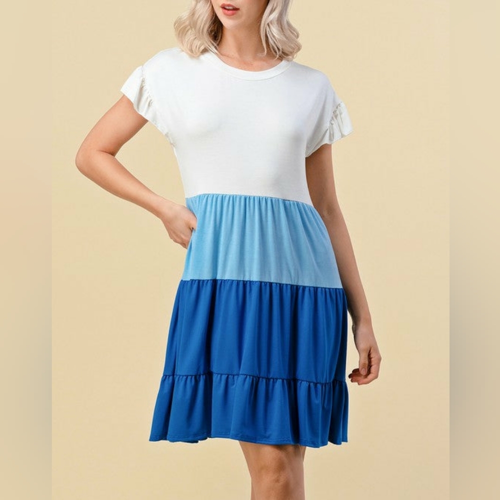 COLOR BLOCK ROUND NECK RAYON LYCRA DRESS WITH RUFFLE